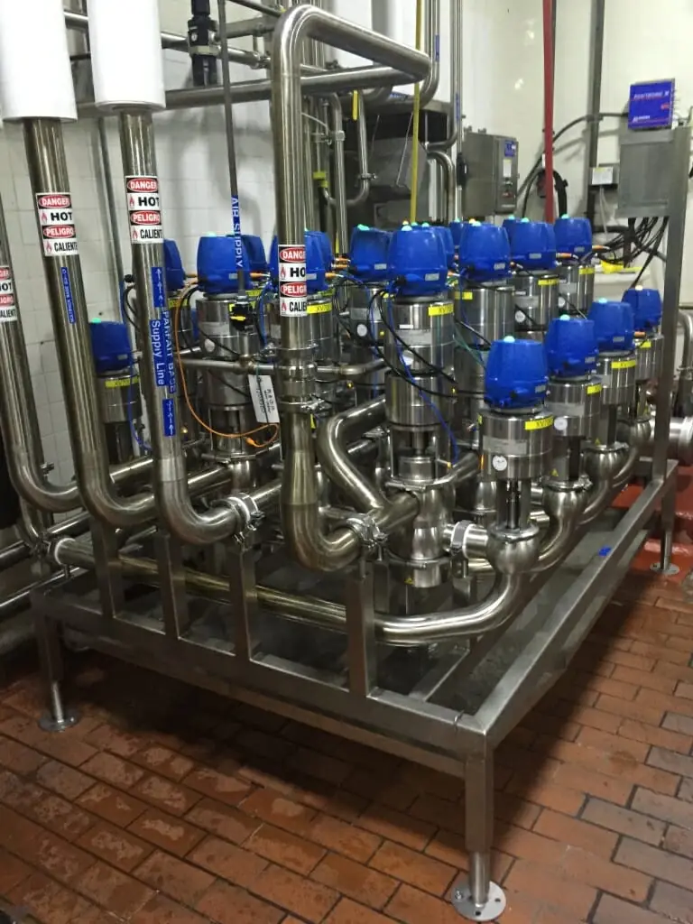 Sanitary valve matrix with stainless steel piping designed and installed by SIE